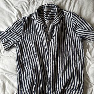 Zara Navy and White Vertical Stripe Short-Sleeve Button-Down Shirt